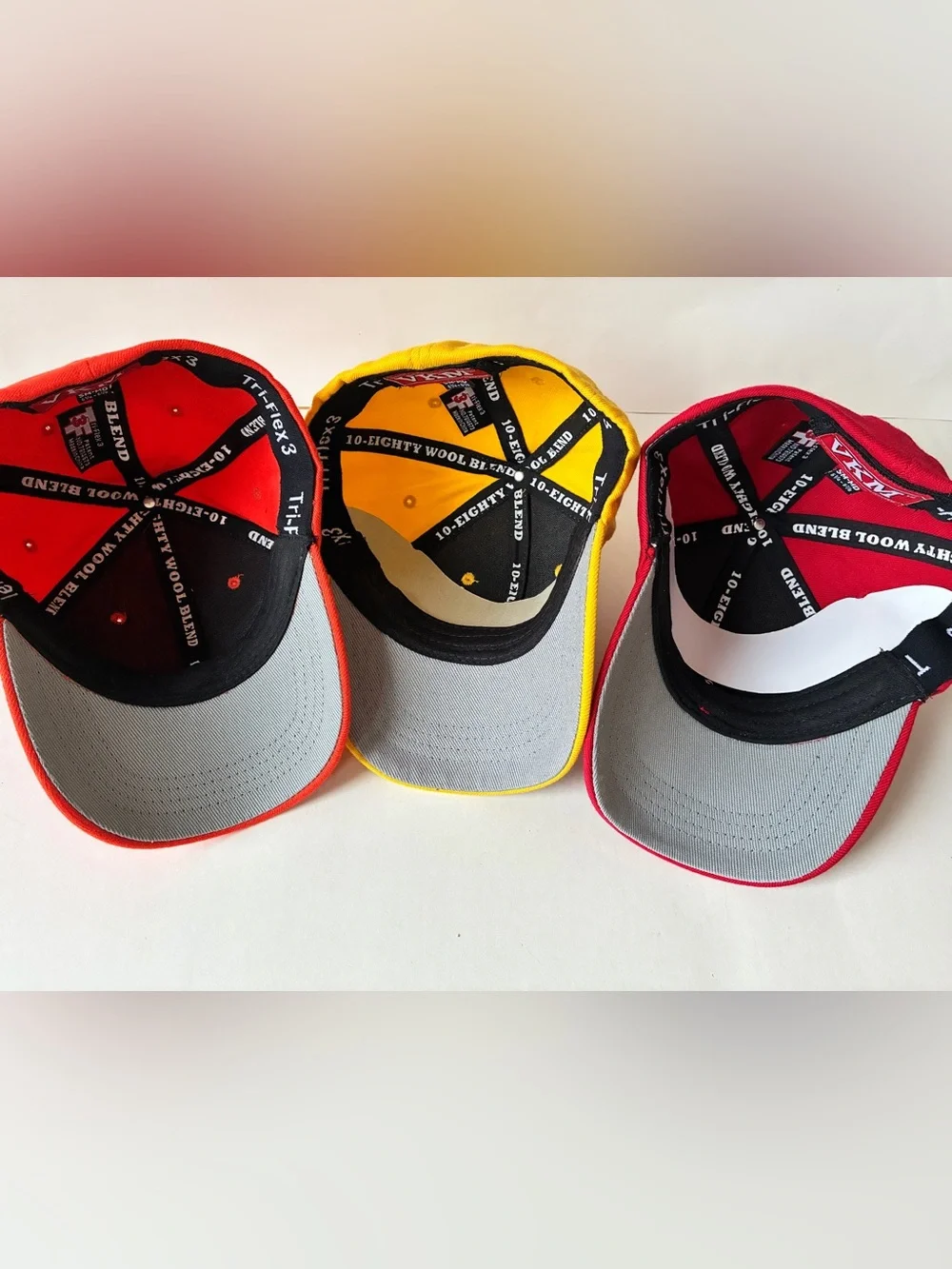 Set of 3 Wool Blend Fitted Ballcap Hats S/M 6 Panel Blank Red Yellow Orange